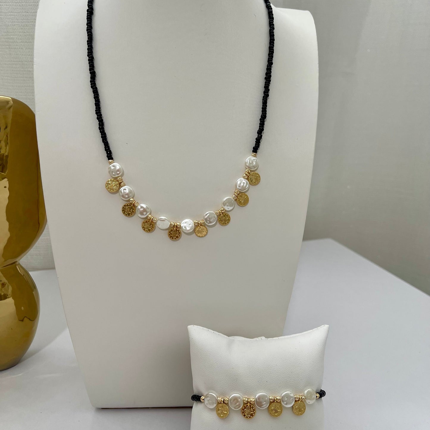 Black Beaded Pearl & Coin Set